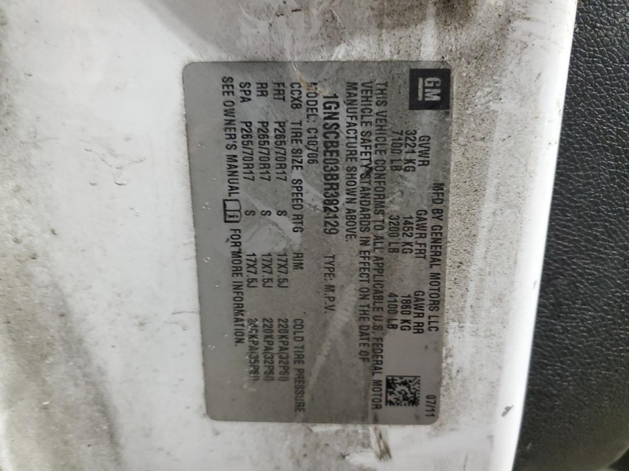 2011 Chevrolet Tahoe VIN 1GNSCBE03BR382129 Copart auction photo, minor dent/scratches damage thumbnail 13