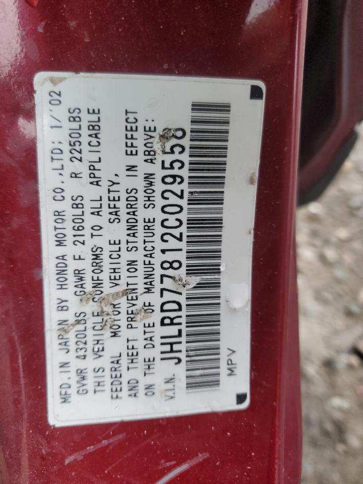 2002 Honda CR-V VIN JHLRD77812C029558 Copart auction photo, front end / side damage thumbnail 15