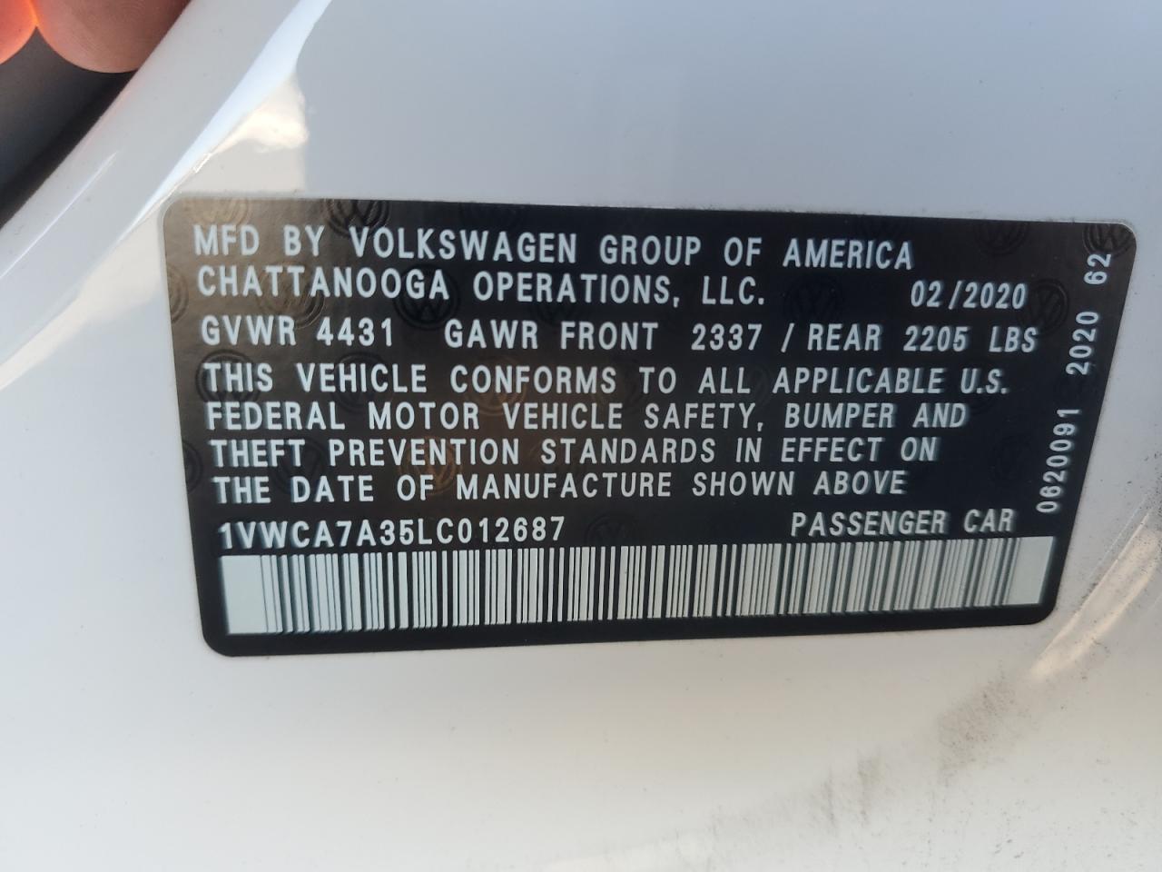 2020 Volkswagen Passat VIN 1VWCA7A35LC012687 Copart auction photo, front end / mechanical damage thumbnail 12
