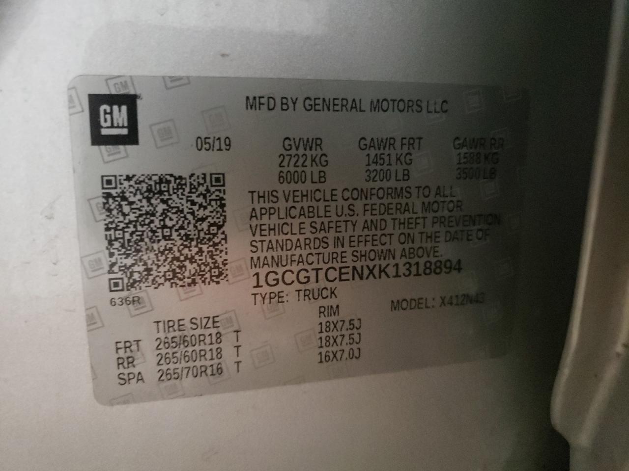 2019 Chevrolet Colorado VIN 1GCGTCENXK1318894 Copart auction photo, front end damage thumbnail 14