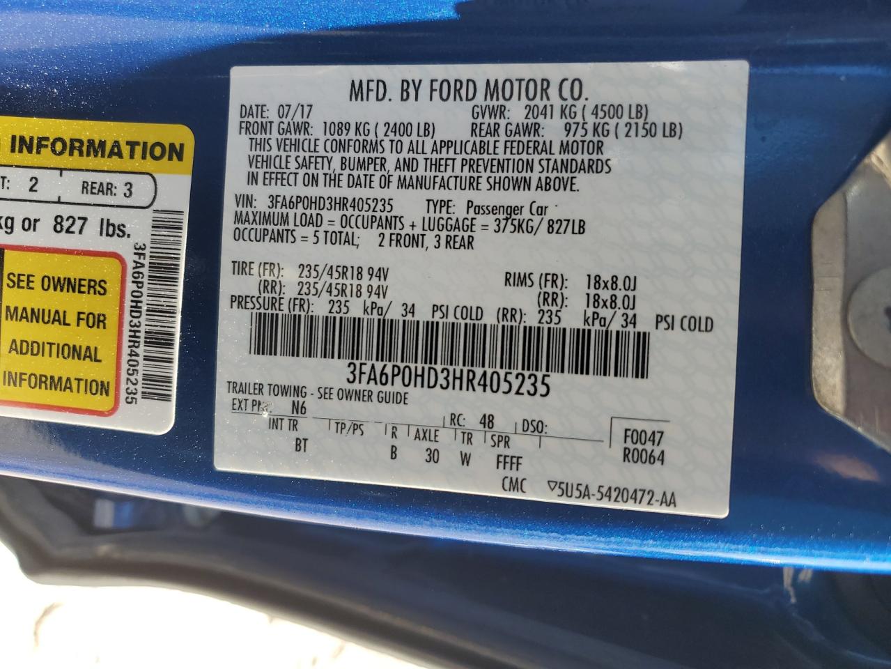 2017 Ford Fusion VIN 3FA6P0HD3HR405235 Copart auction photo, front end damage thumbnail 13