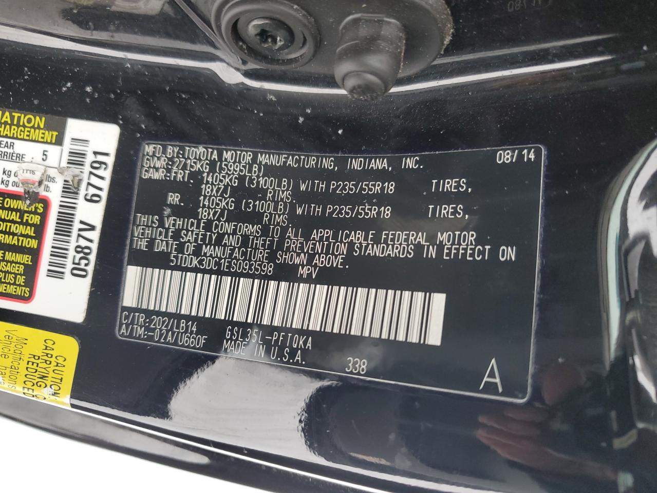 2014 Toyota Sienna VIN 5TDDK3DC1ES093598 Copart auction photo, side damage thumbnail 15