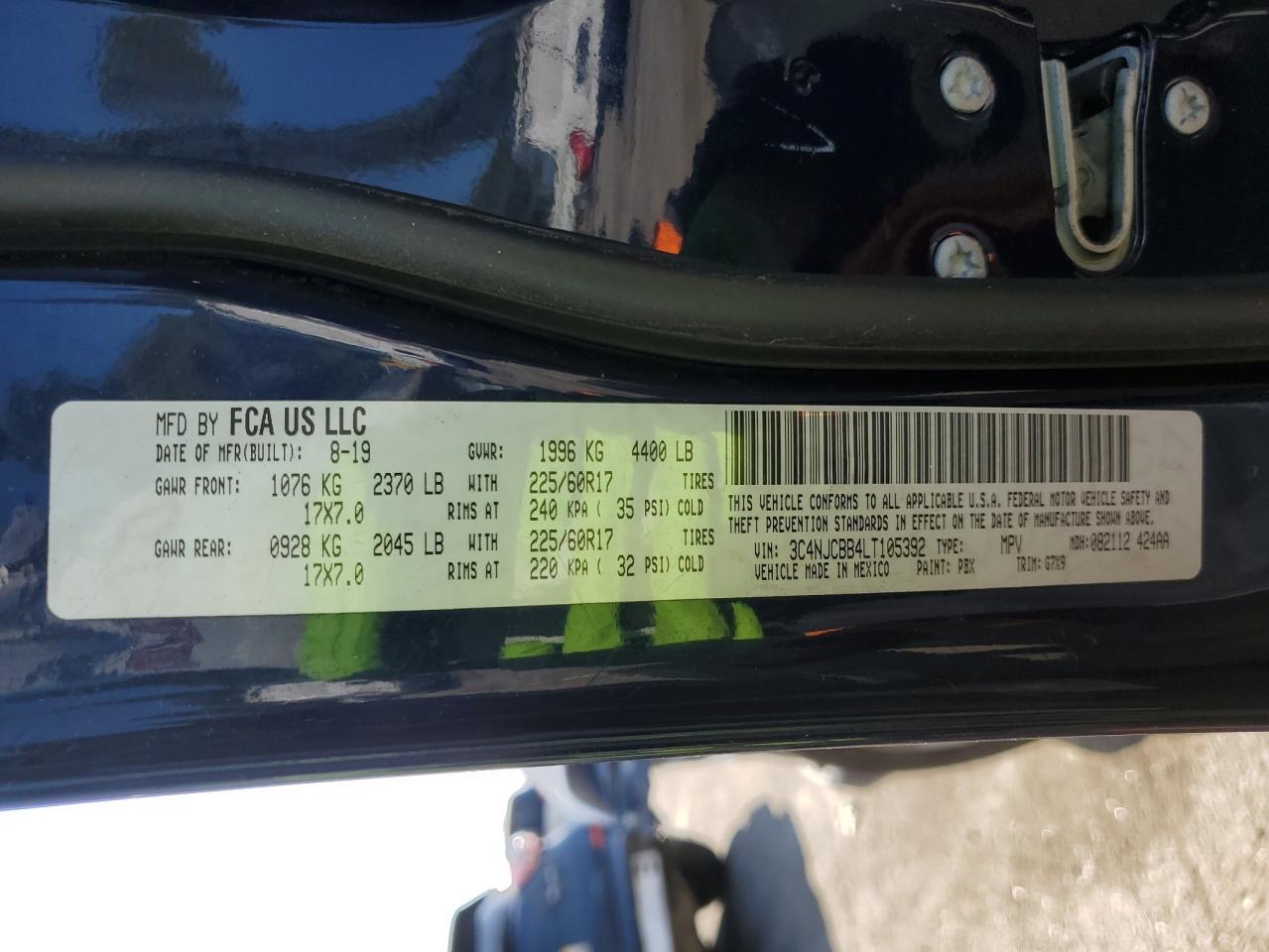 2020 Jeep Compass VIN 3C4NJCBB4LT105392 Copart auction photo, front end / side damage thumbnail 12