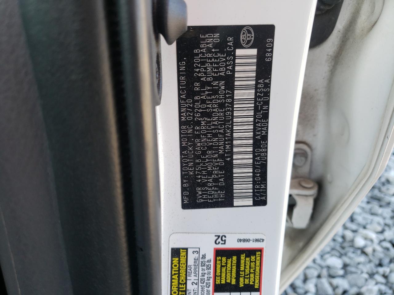 2020 Toyota Camry VIN 4T1M11AK2LU937817 Copart auction photo, front end damage thumbnail 13