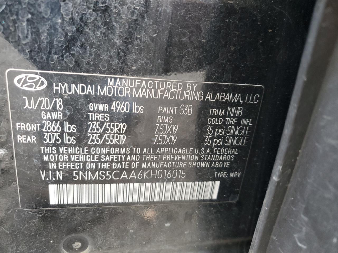 2019 Hyundai Santa Fe VIN 5NMS5CAA6KH016015 Copart auction photo, front end / rear end damage thumbnail 13