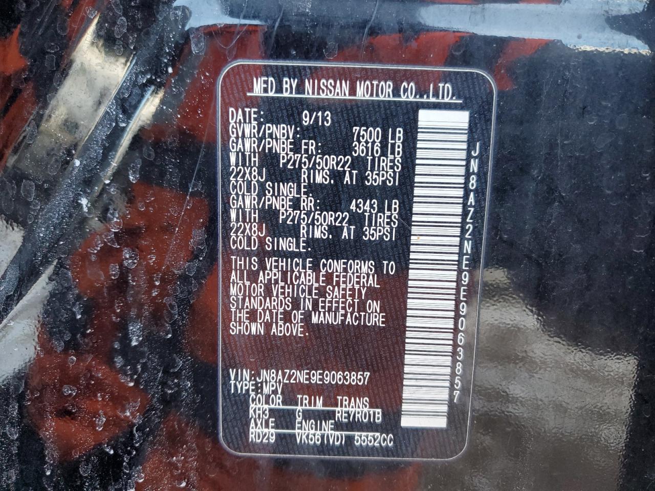 2014 Infiniti QX80 VIN JN8AZ2NE9E9063857 Copart auction photo, mechanical / minor dent/scratches damage thumbnail 13