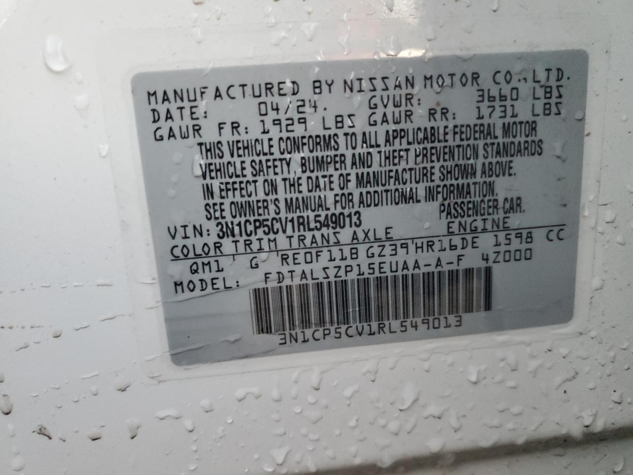 2024 Nissan Kicks VIN 3N1CP5CV1RL549013 Copart auction photo, rear end / side damage thumbnail 13