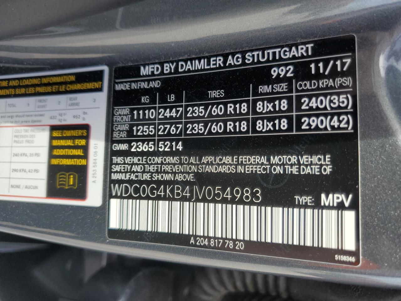 2018 Mercedes-Benz GLC VIN WDC0G4KB4JV054983 Copart auction photo, front end damage thumbnail 16