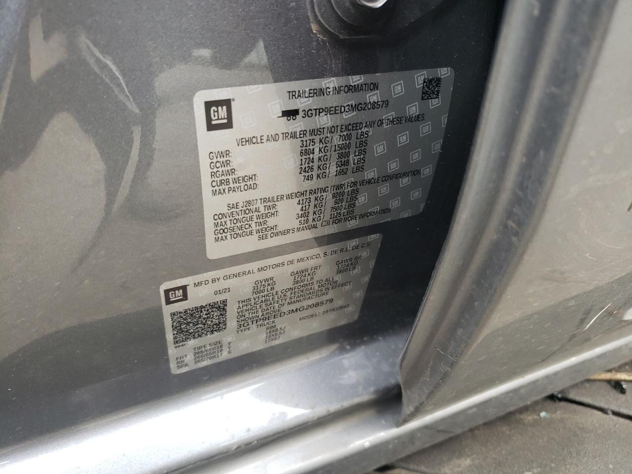 2021 GMC Sierra VIN 3GTP9EED3MG208579 Copart auction photo, vandalism damage thumbnail 12