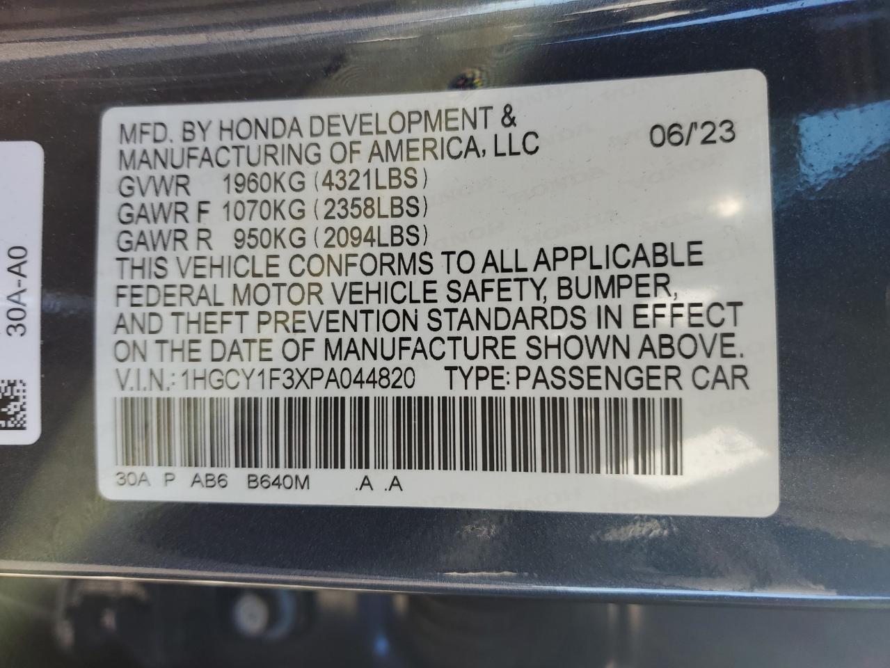 2023 Honda Accord VIN 1HGCY1F3XPA044820 Copart auction photo, front end / minor dent/scratches damage thumbnail 14