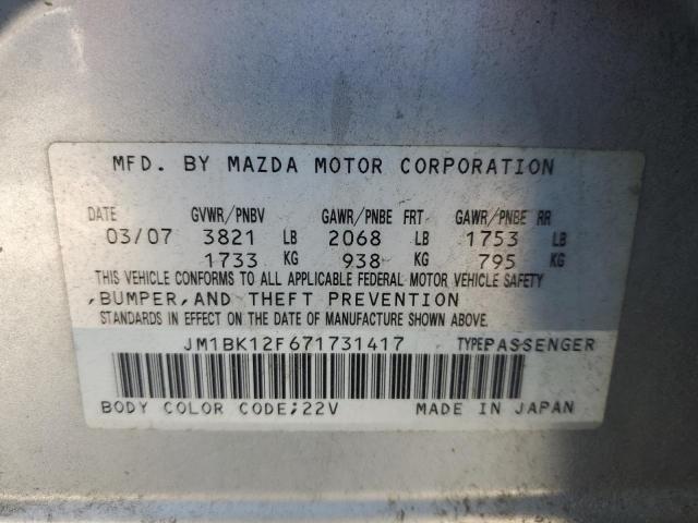 2007 Mazda 3 VIN JM1BK12F671731417 Copart auction photo, front end / minor dent/scratches damage thumbnail 12