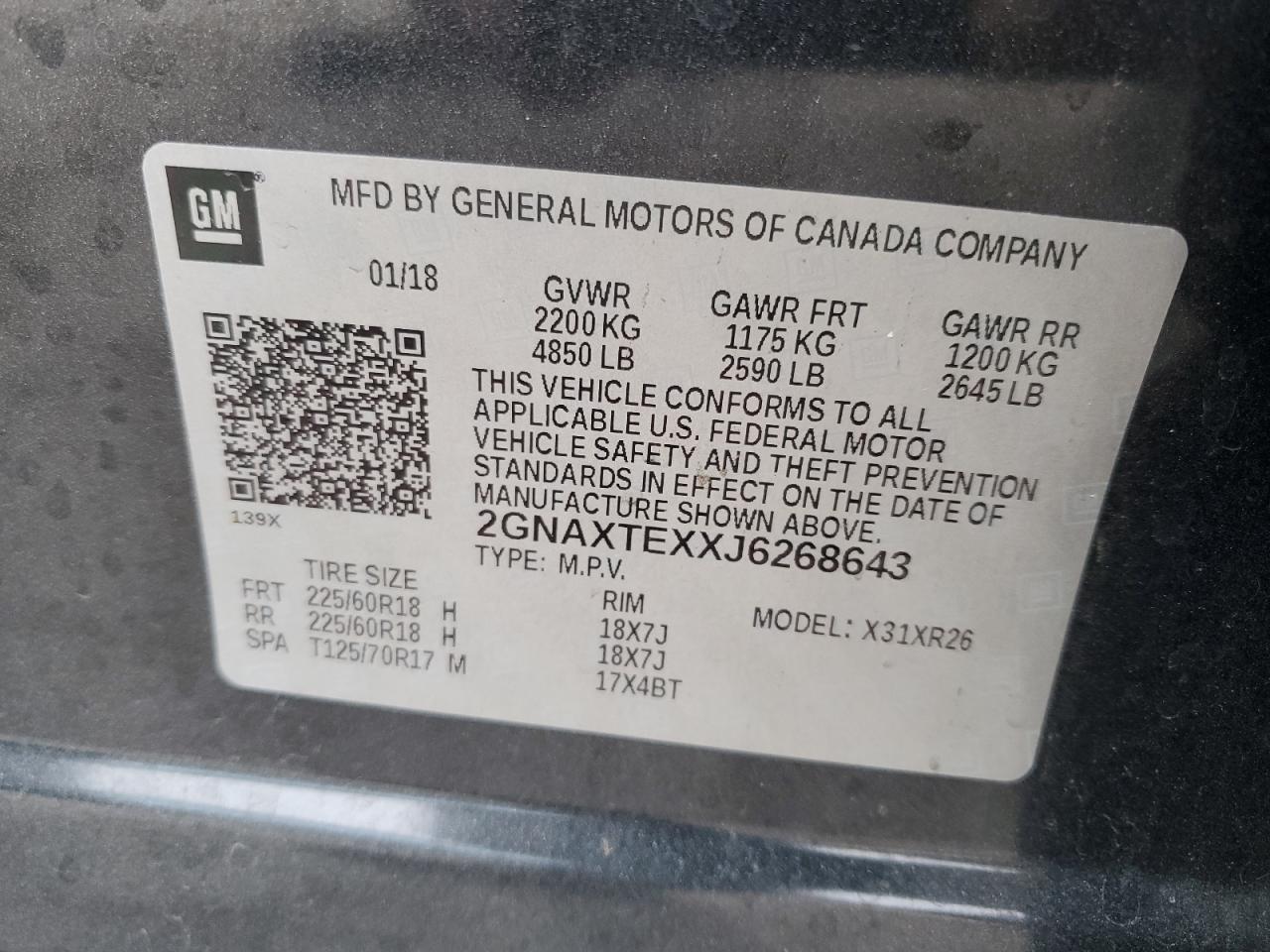 2018 Chevrolet Equinox VIN 2GNAXTEXXJ6268643 Copart auction photo, side damage thumbnail 13