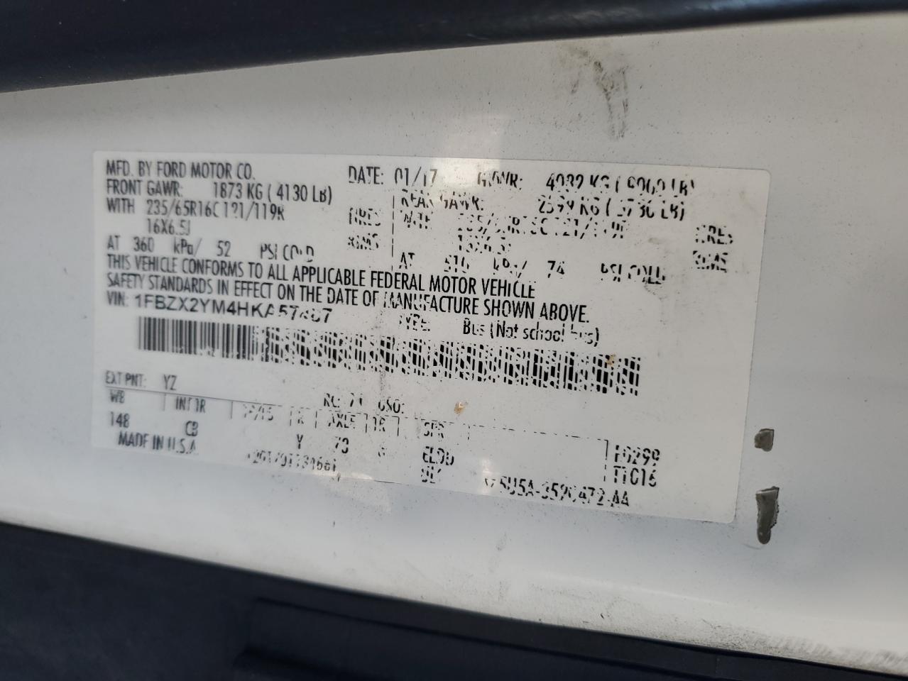 2017 Ford Transit VIN 1FBZX2YM4HKA57487 Copart auction photo, front end damage thumbnail 15