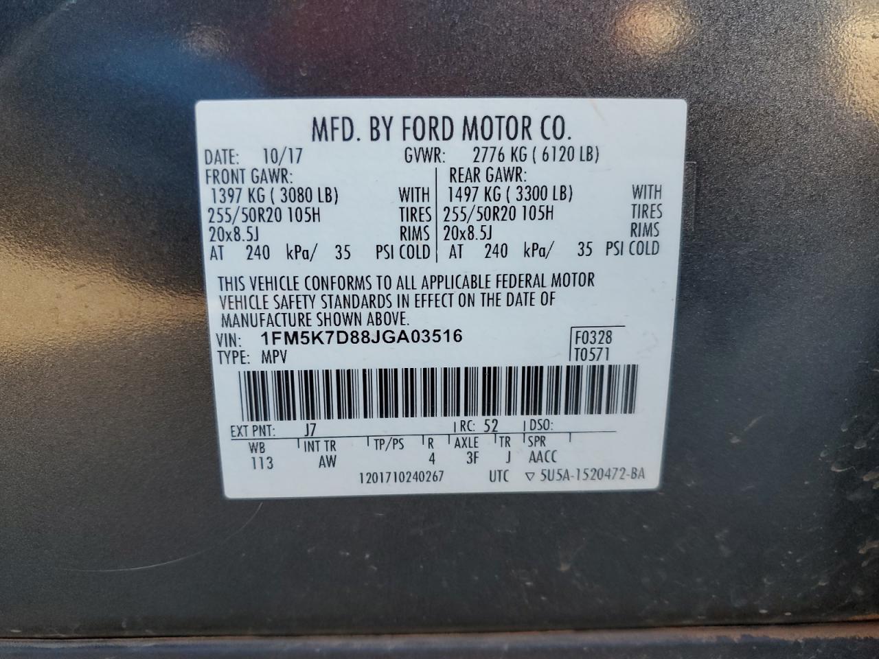 2018 Ford Explorer VIN 1FM5K7D88JGA03516 Copart auction photo, hail / minor dent/scratches damage thumbnail 13