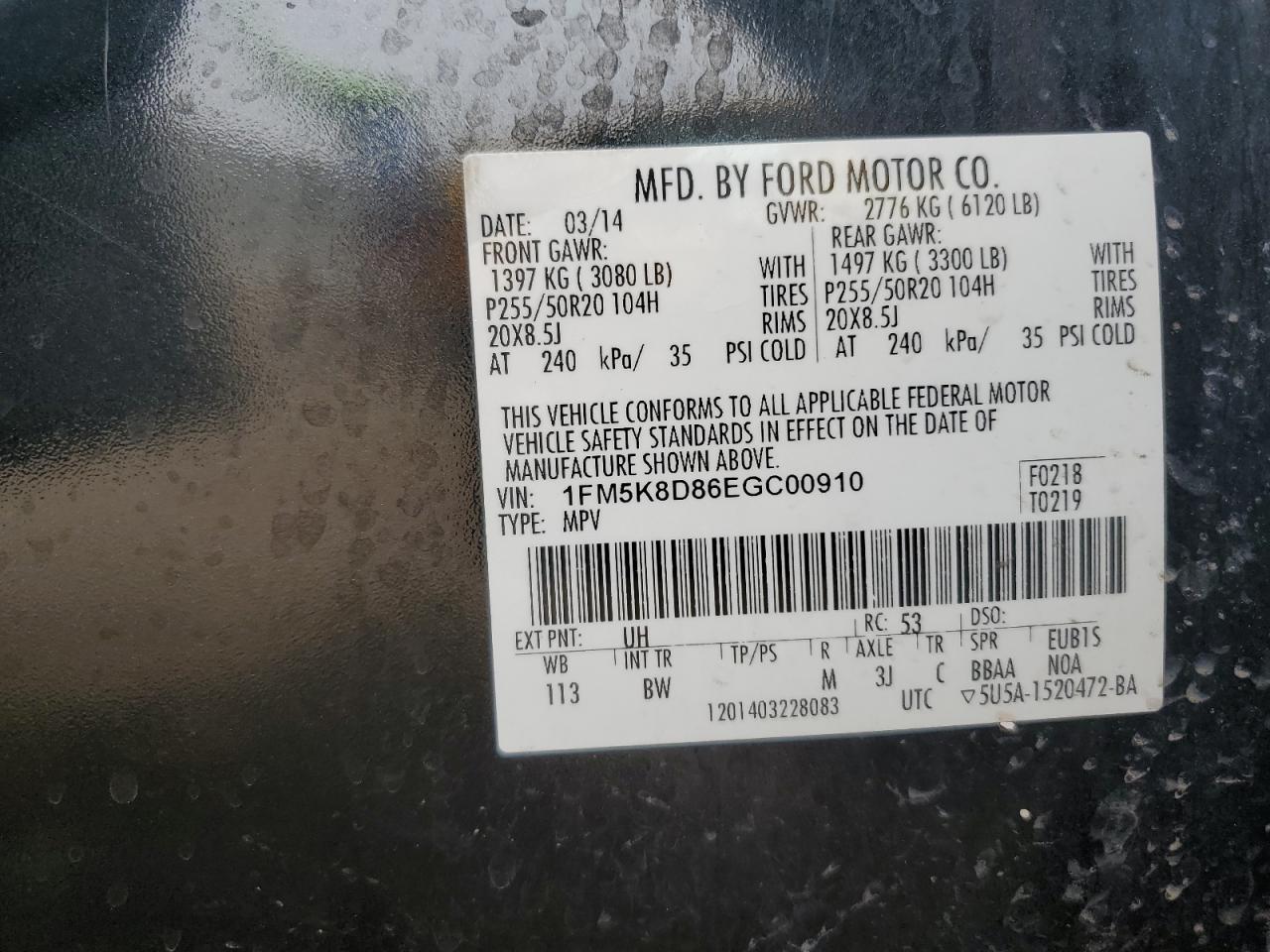 2014 Ford Explorer VIN 1FM5K8D86EGC00910 Copart auction photo, all over / hail damage thumbnail 13