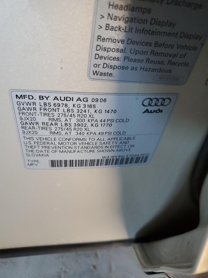 2007 Audi Q7 VIN WA1BV94L57D047072 Copart auction photo, front end / side damage thumbnail 14