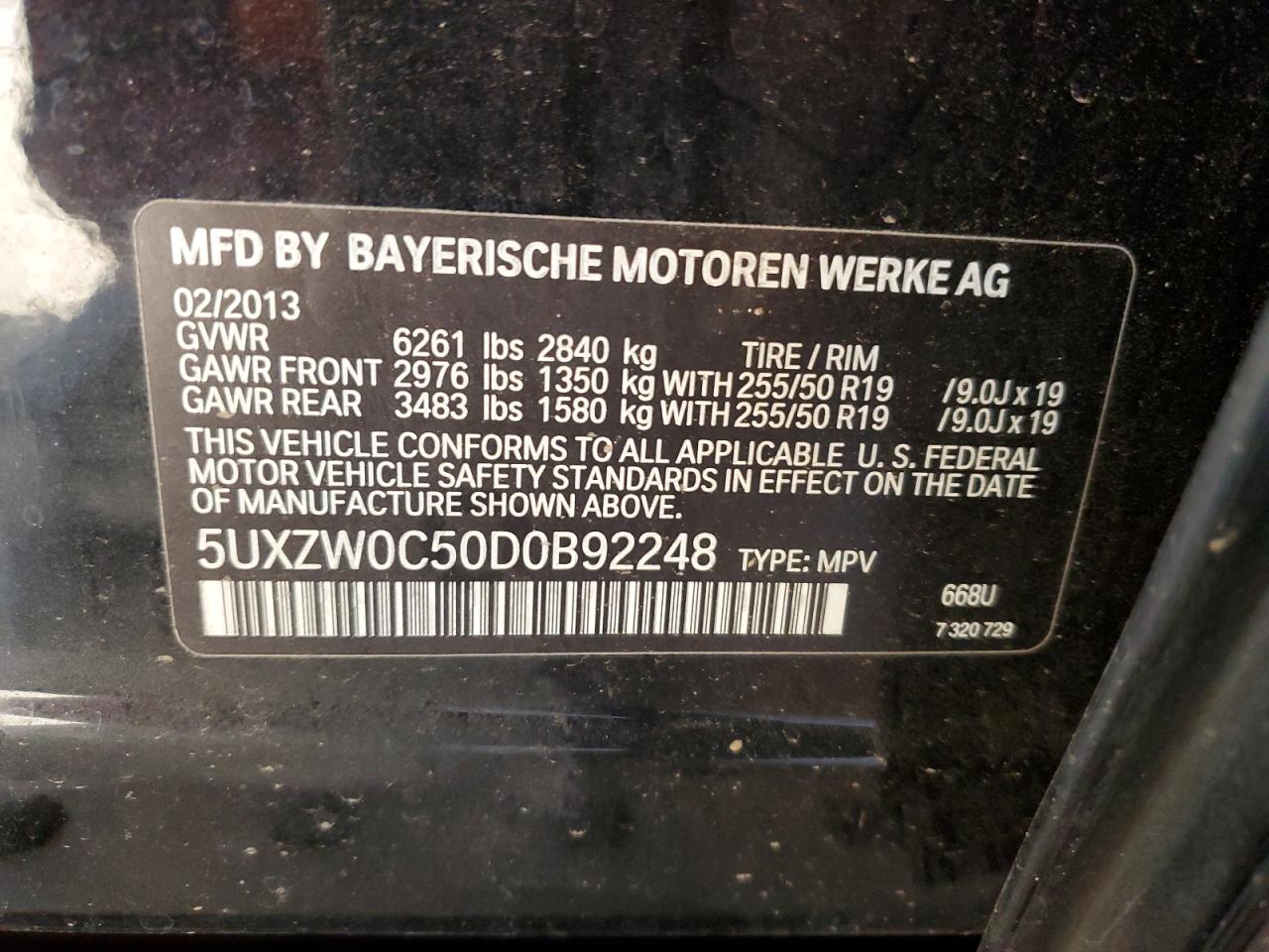 2013 BMW X5 VIN 5UXZW0C50D0B92248 Copart auction photo, normal wear / minor dent/scratches damage thumbnail 13