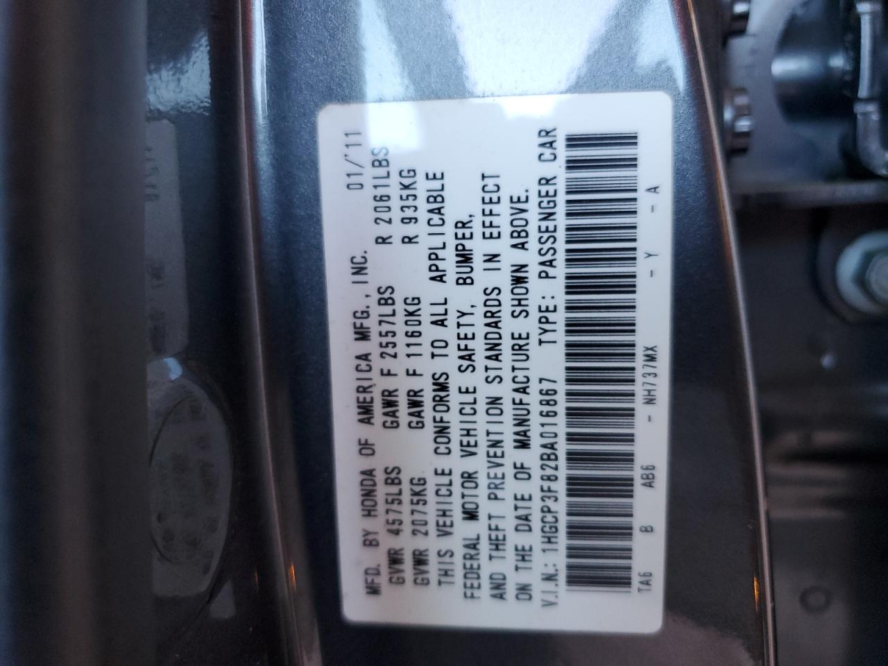2011 Honda Accord VIN 1HGCP3F82BA016867 Copart auction photo, front end damage thumbnail 12