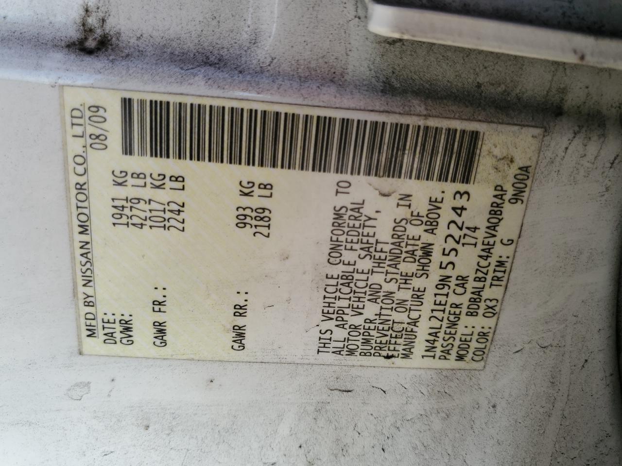 2009 Nissan Altima VIN 1N4AL21E19N552243 Copart auction photo, front end / minor dent/scratches damage thumbnail 12
