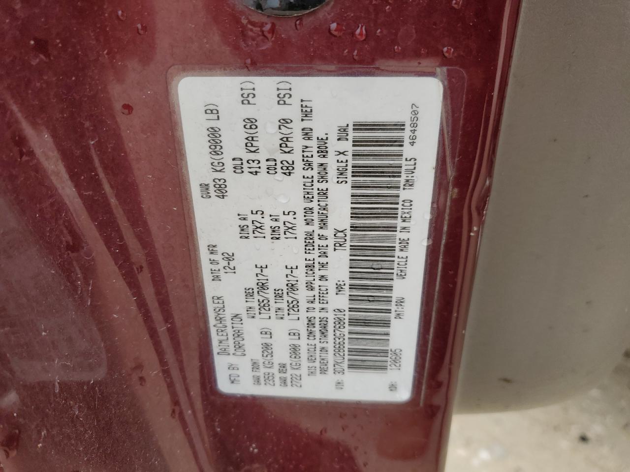 2003 Dodge RAM VIN 3D7KU28663G768010 Copart auction photo, normal wear damage thumbnail 12