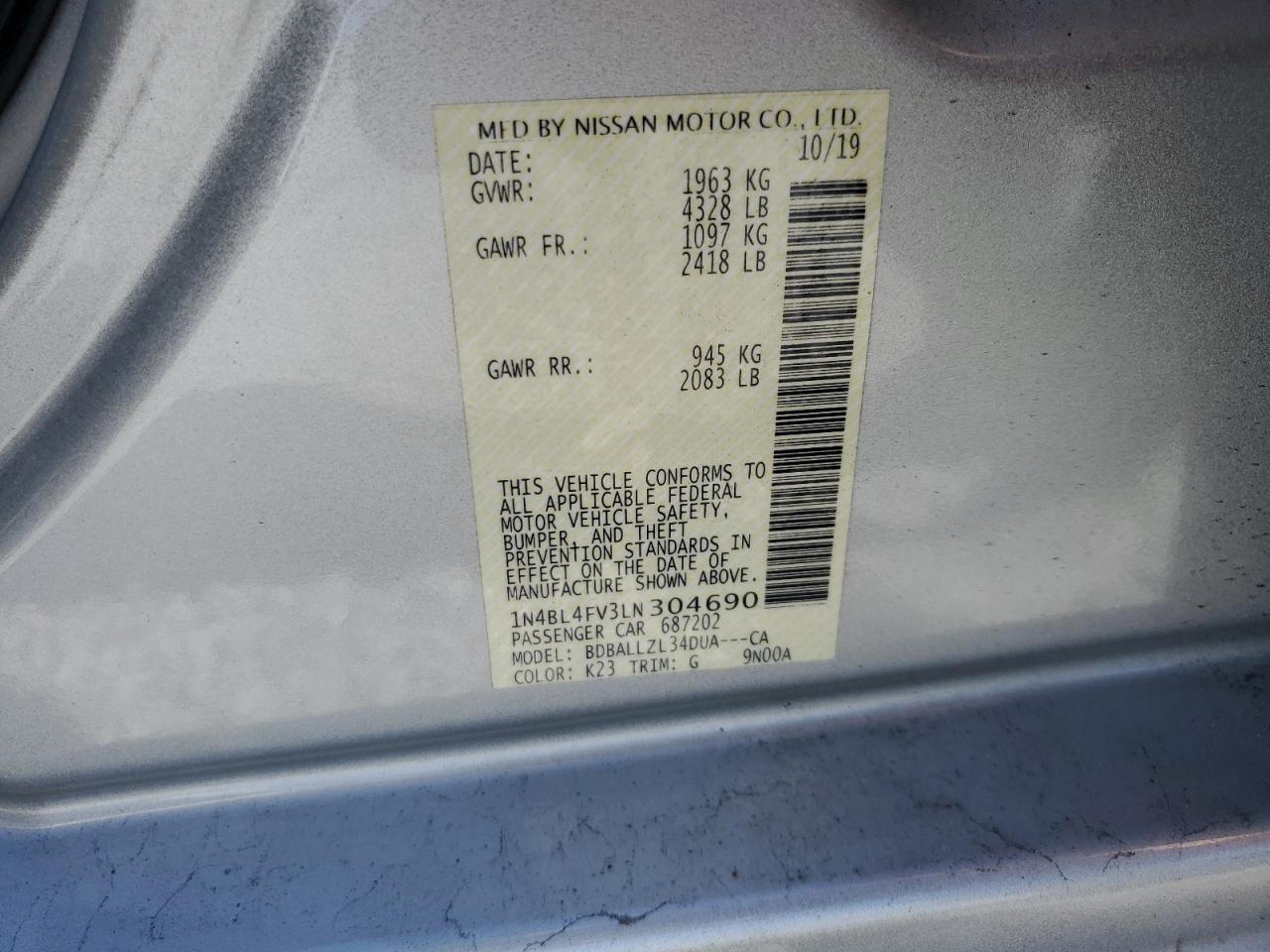 2020 Nissan Altima VIN 1N4BL4FV3LN304690 Copart auction photo, front end damage thumbnail 12