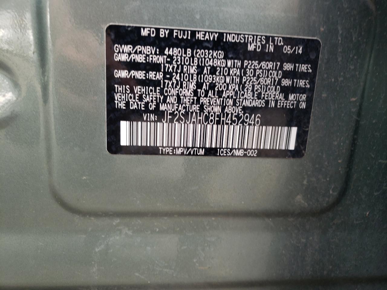 2015 Subaru Forester VIN JF2SJAHC8FH452946 Copart auction photo, front end damage thumbnail 13