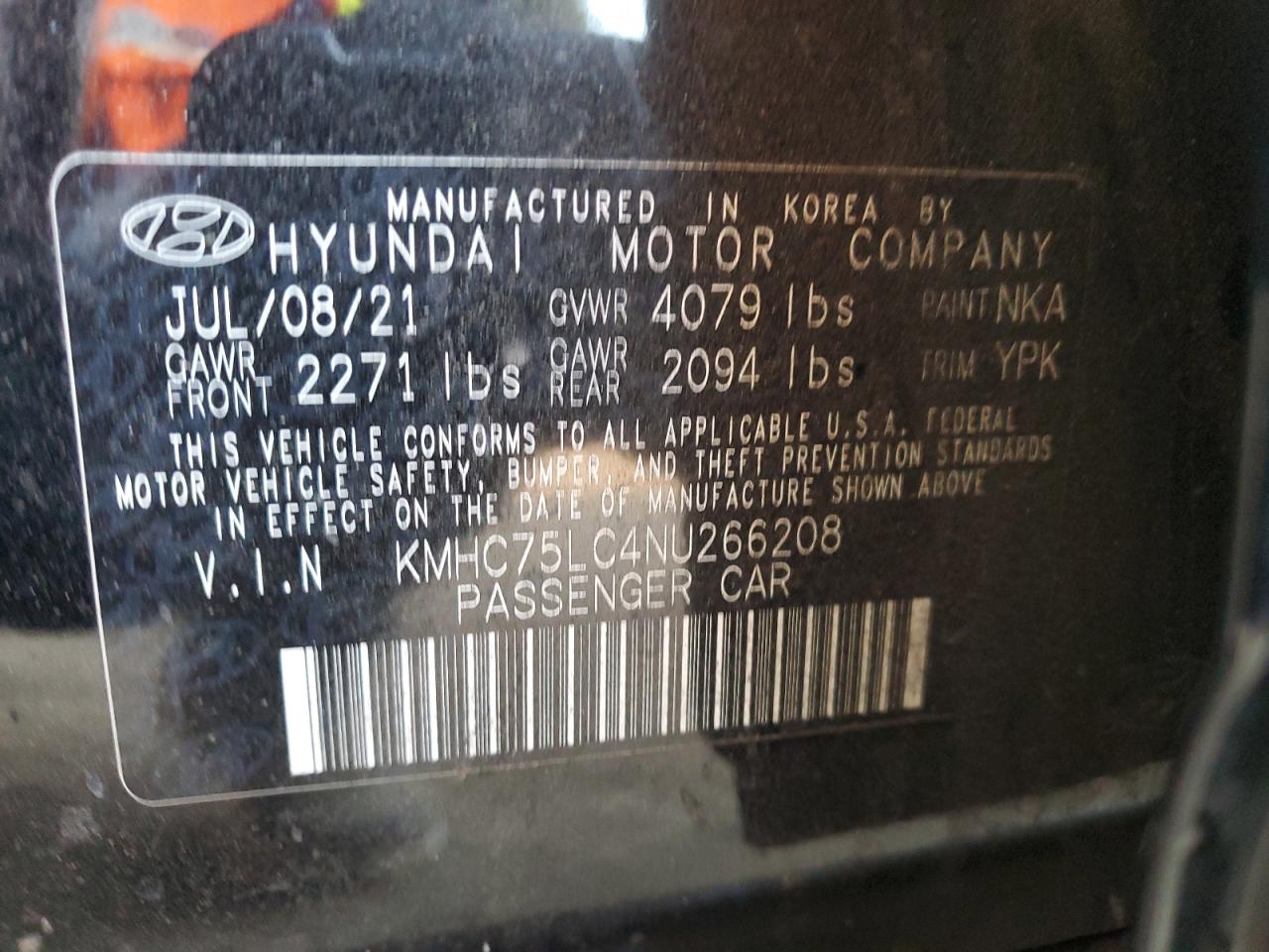 2022 Hyundai IONIQ VIN KMHC75LC4NU266208 Copart auction photo, front end damage thumbnail 14
