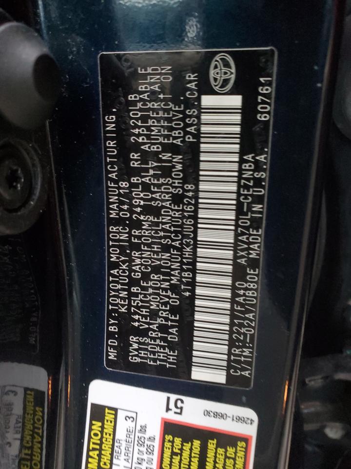 2018 Toyota Camry VIN 4T1B11HK3JU616248 Copart auction photo, front end / minor dent/scratches damage thumbnail 13