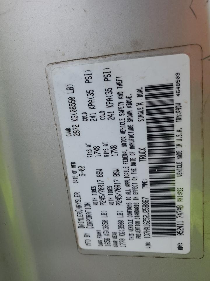 2002 Dodge RAM VIN 1D7HA16Z52J258867 Copart auction photo, burn / undercarriage damage thumbnail 13
