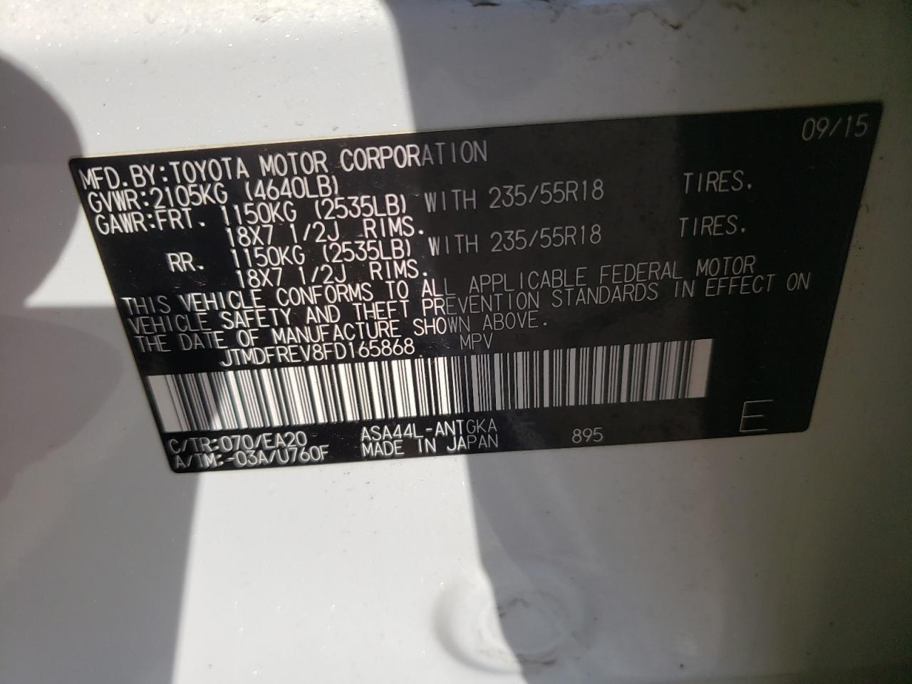 2015 Toyota RAV 4 VIN JTMDFREV8FD165868 Copart auction photo, front end / minor dent/scratches damage thumbnail 13