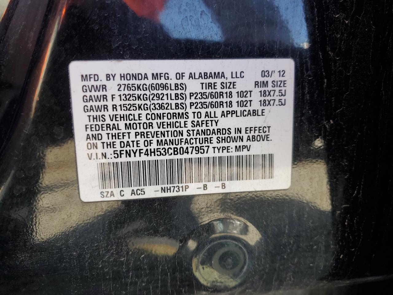 2012 Honda Pilot VIN 5FNYF4H53CB047957 Copart auction photo, front end damage thumbnail 14