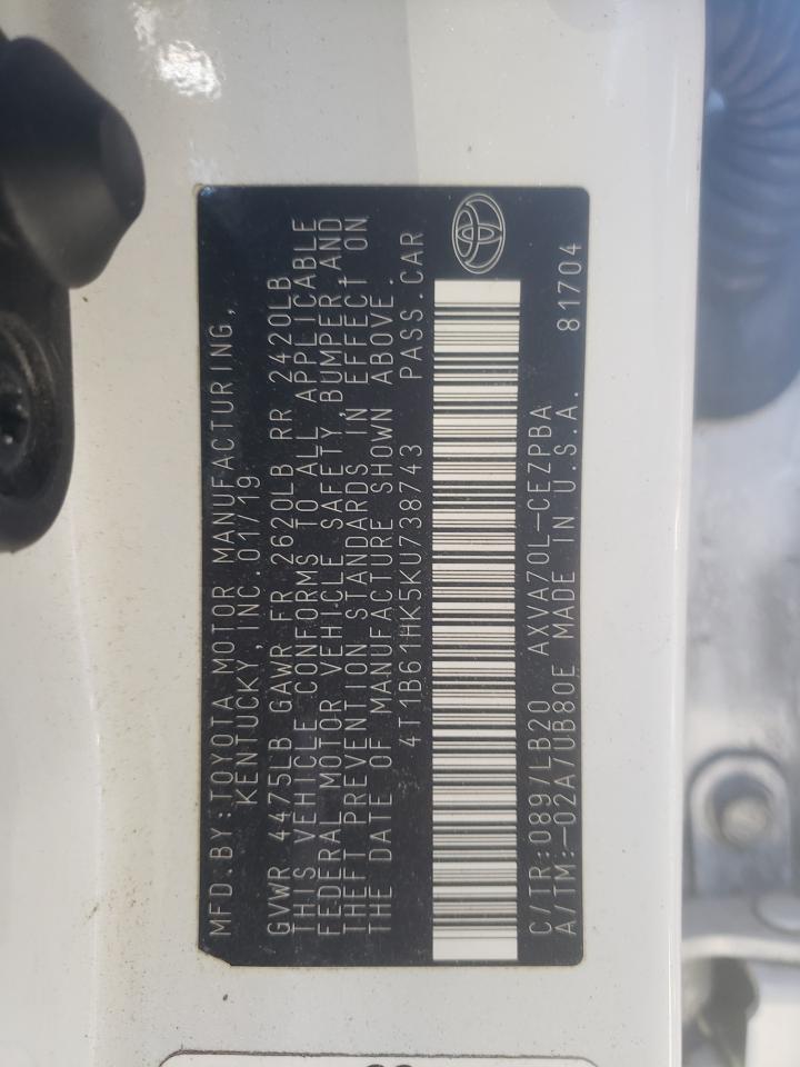 2019 Toyota Camry VIN 4T1B61HK5KU738743 Copart auction photo, all over damage thumbnail 12