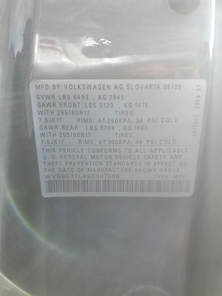 2009 Volkswagen Touareg VIN WVGBE77L49D007506 Copart auction photo, rear end damage thumbnail 13