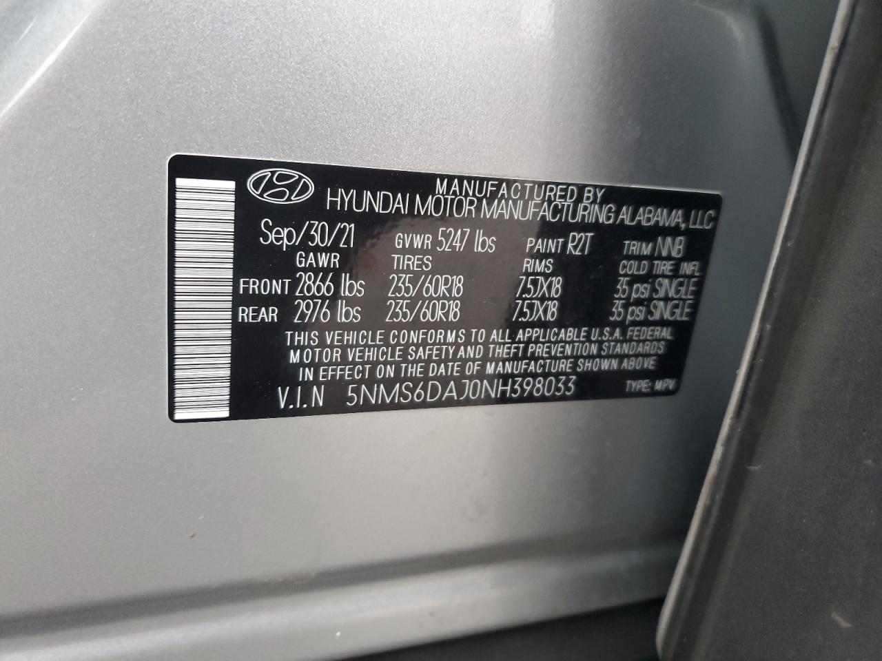 2022 Hyundai Santa Fe VIN 5NMS6DAJ0NH398033 Copart auction photo, front end / side damage thumbnail 15