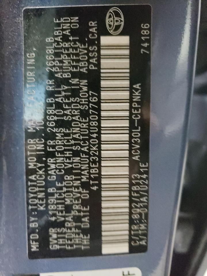 2004 Toyota Camry VIN 4T1BE32K04U807767 Copart auction photo, front end damage thumbnail 12