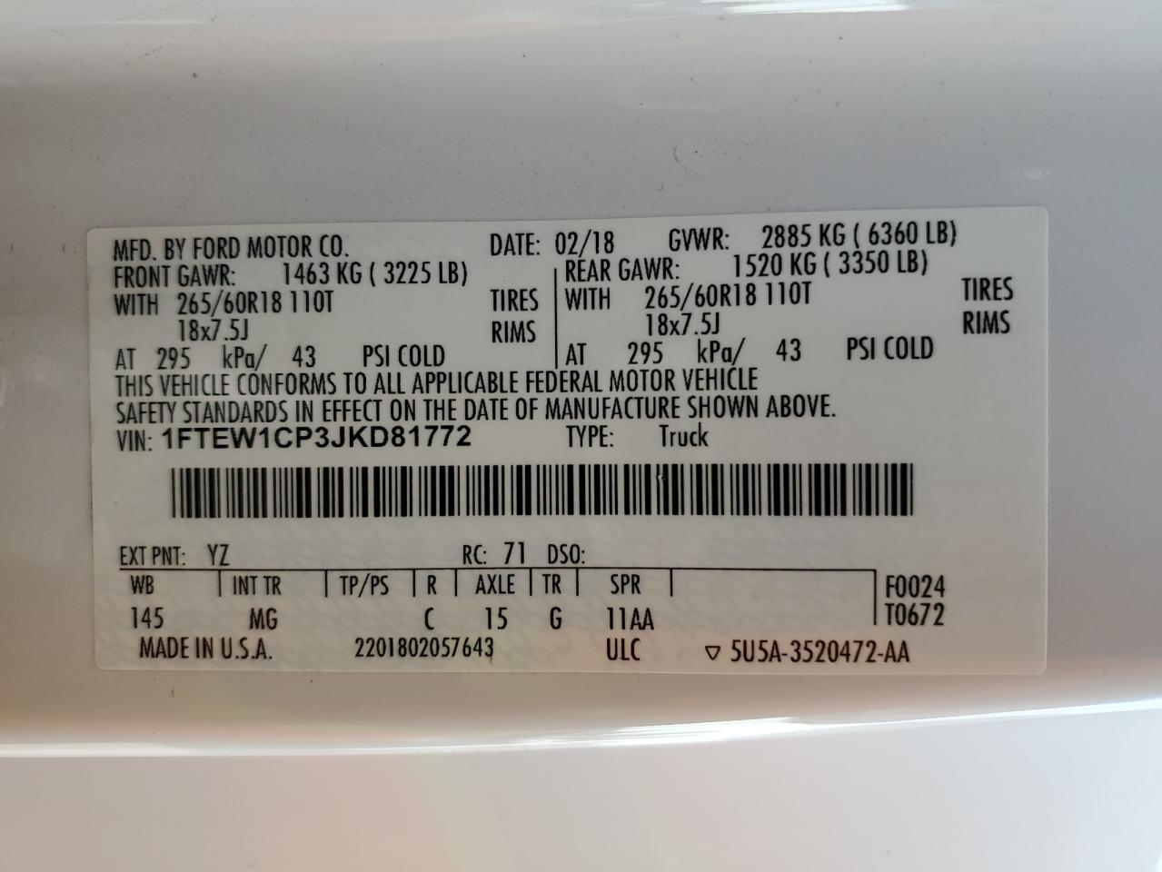 2018 Ford F-150 VIN 1FTEW1CP3JKD81772 Copart auction photo, rear end / minor dent/scratches damage thumbnail 12