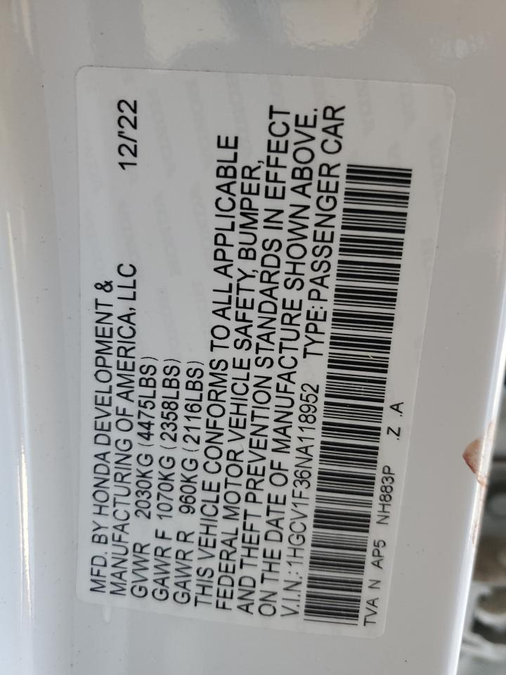2022 Honda Accord VIN 1HGCV1F36NA118952 Copart auction photo, front end damage thumbnail 13