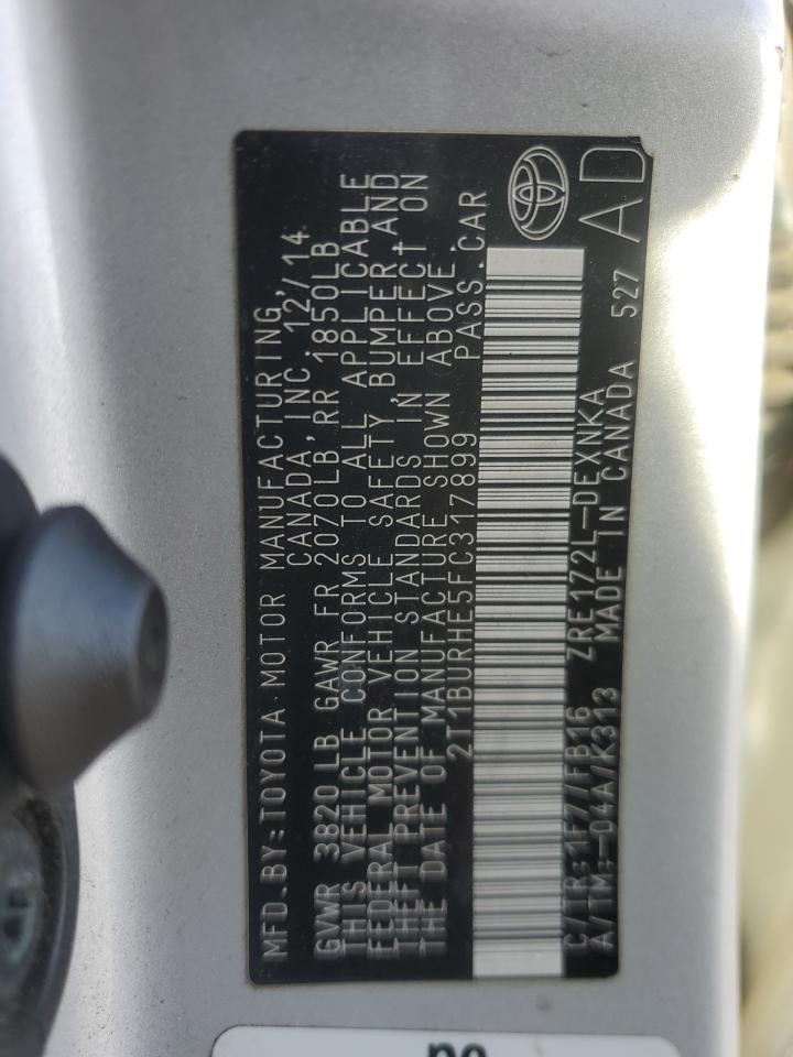 2015 Toyota Corolla VIN 2T1BURHE5FC317899 Copart auction photo, front end damage thumbnail 13