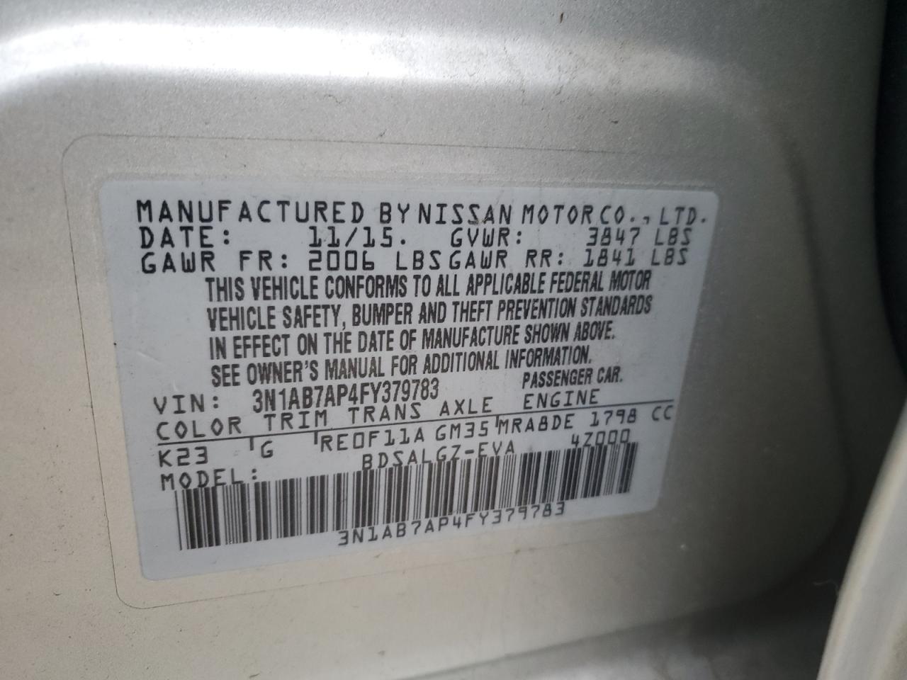 2015 Nissan Sentra VIN 3N1AB7AP4FY379783 Copart auction photo, side / rear end damage thumbnail 12