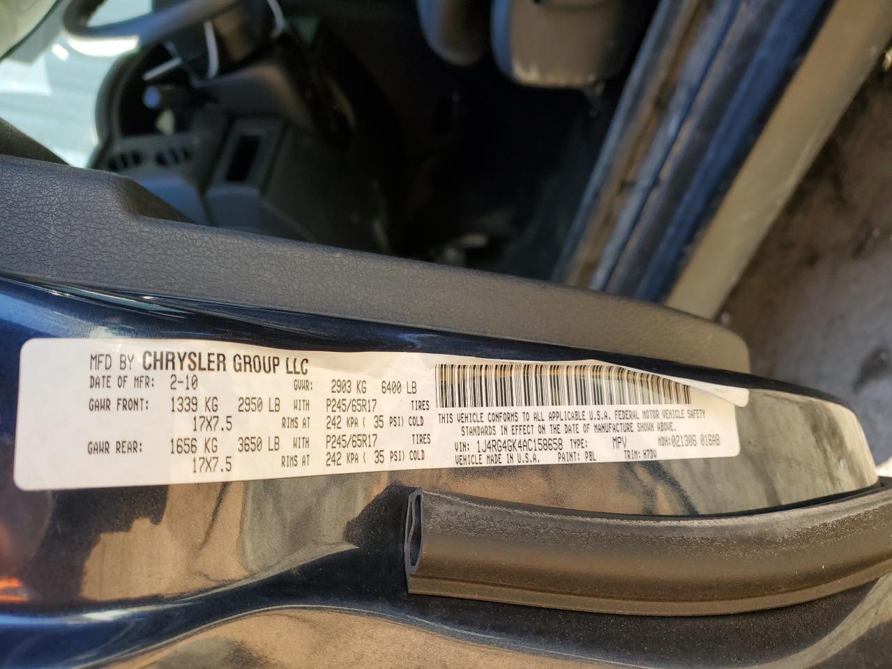2010 Jeep Commander VIN 1J4RG4GK4AC158658 Copart auction photo, rear end damage thumbnail 12