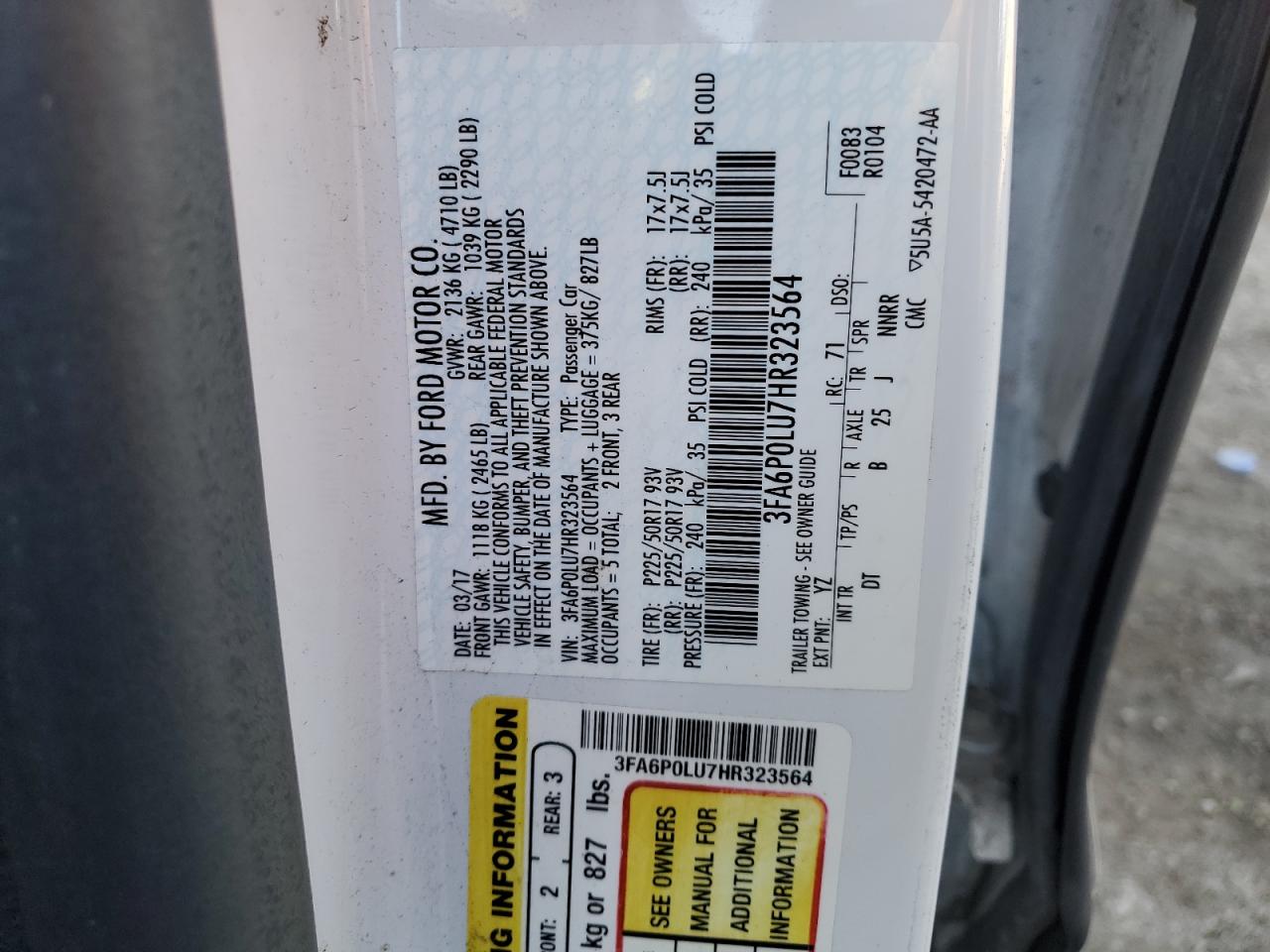 2017 Ford Fusion VIN 3FA6P0LU7HR323564 Copart auction photo, rear end damage thumbnail 12
