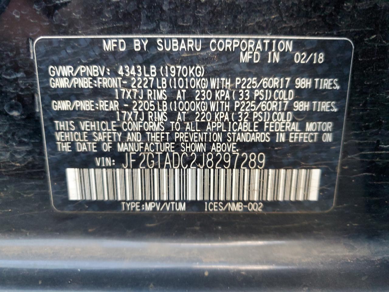 2018 Subaru XV VIN JF2GTADC2J8297289 Copart auction photo, side damage thumbnail 13