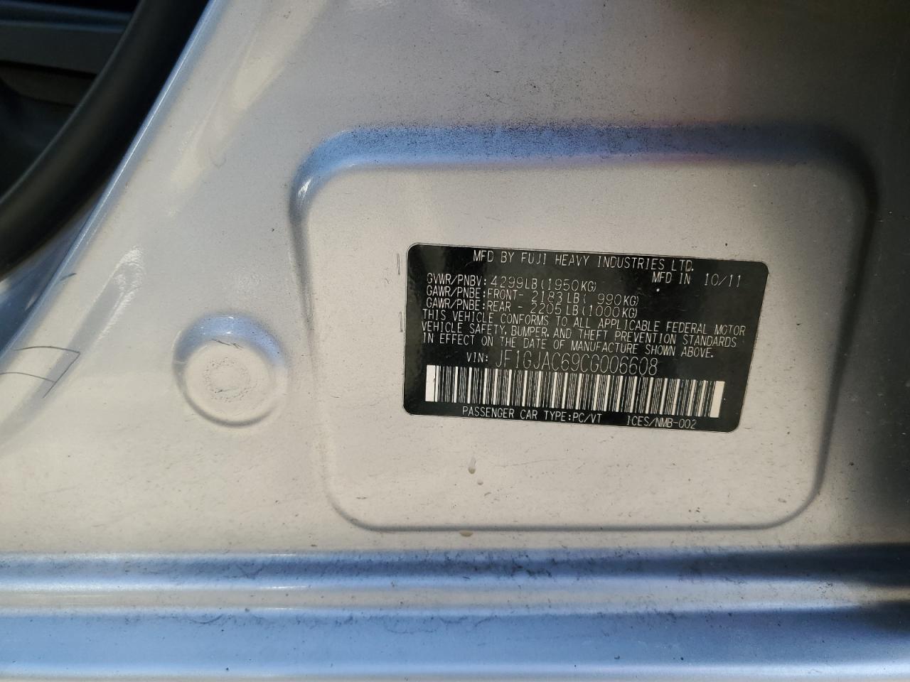 2012 Subaru Impreza VIN JF1GJAC69CG006608 Copart auction photo, front end / side damage thumbnail 12
