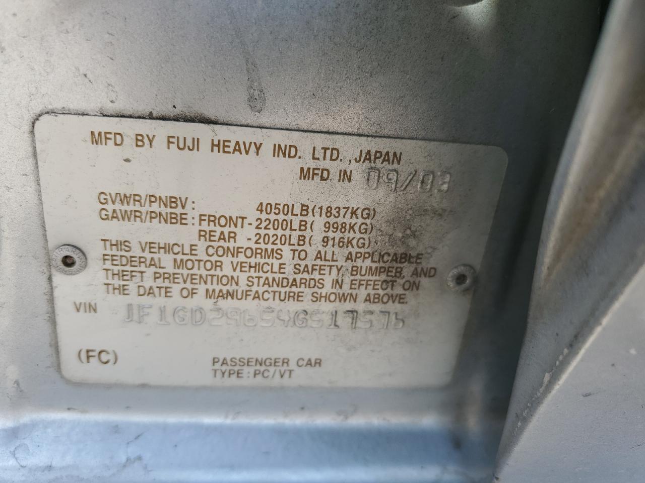 2004 Subaru WRX VIN JF1GD29654G517576 Copart auction photo, all over damage thumbnail 13