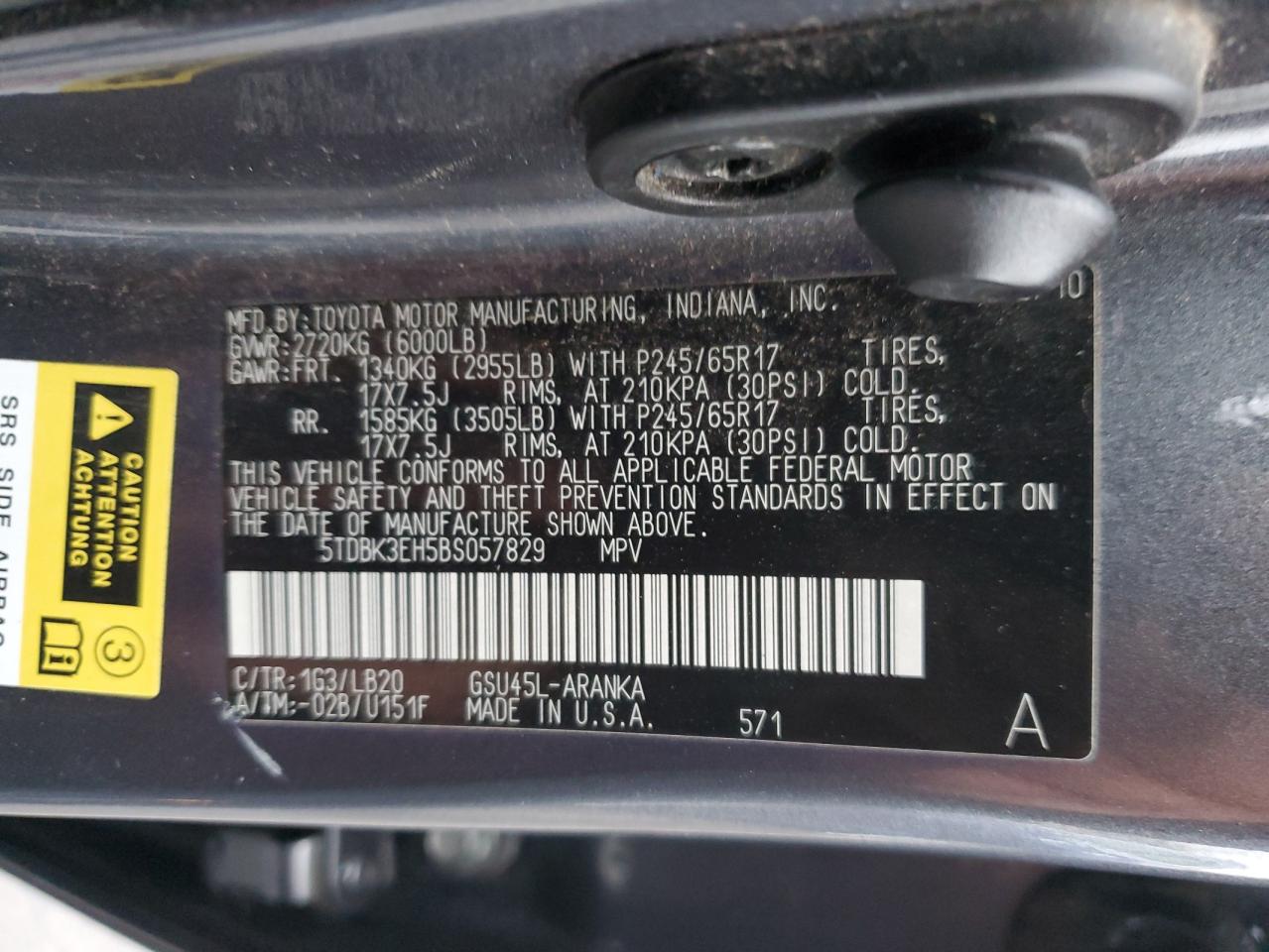 2011 Toyota Highlander VIN 5TDBK3EH5BS057829 Copart auction photo, front end damage thumbnail 14