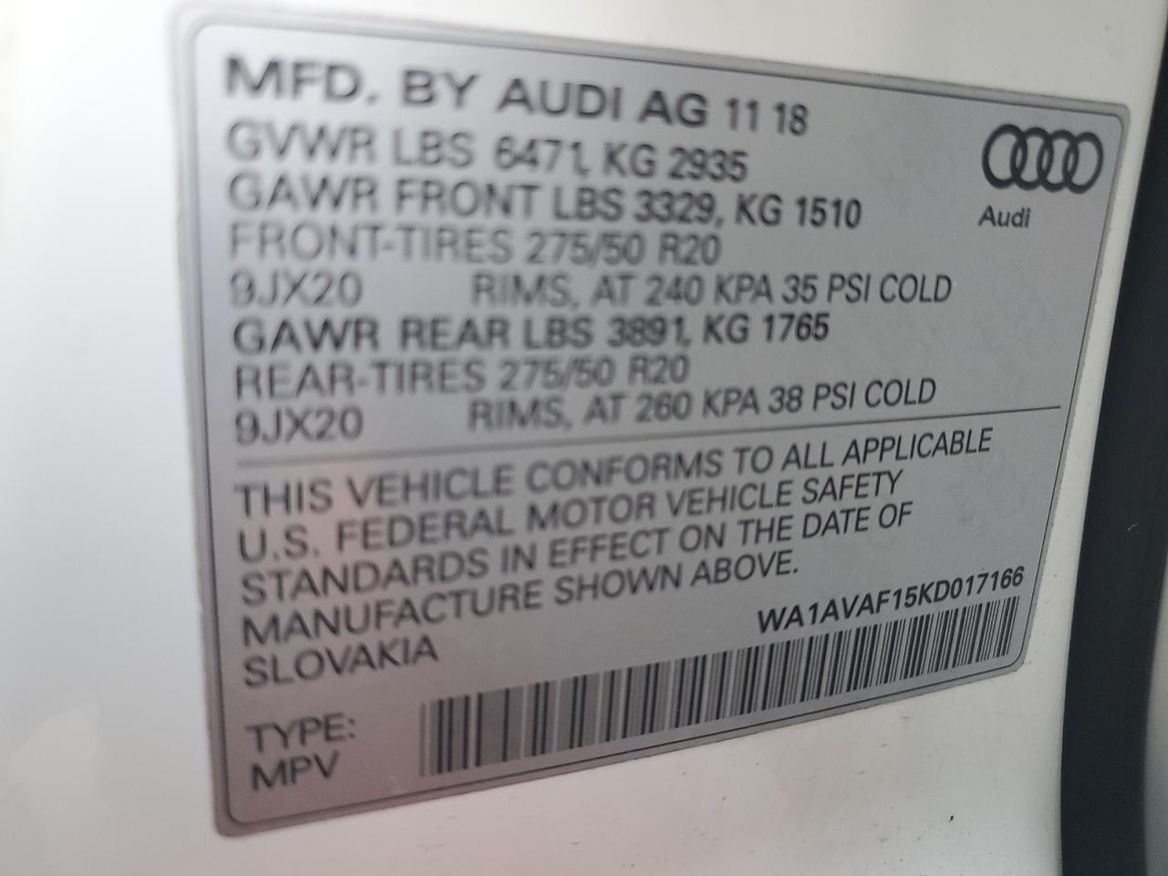2019 Audi Q8 VIN WA1AVAF15KD017166 Copart auction photo, rear end damage thumbnail 14