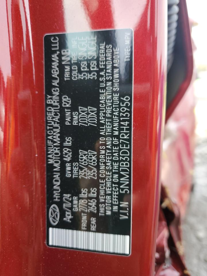 2024 Hyundai Tucson VIN 5NMJB3DE7RH413956 Copart auction photo, side / all over damage thumbnail 13