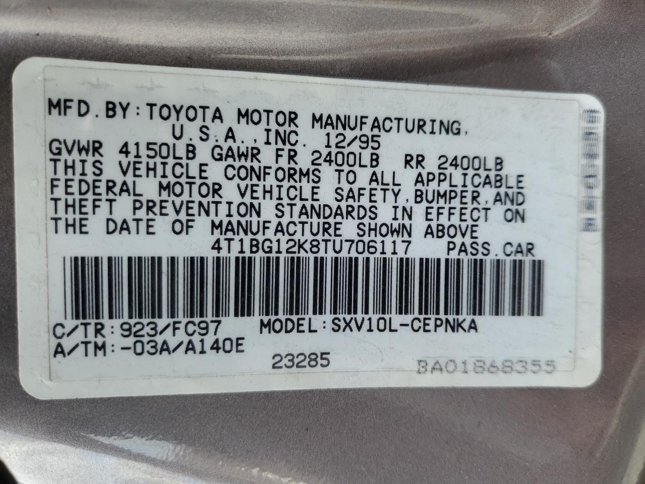 1996 Toyota Camry VIN 4T1BG12K8TU706117 Copart auction photo, front end / all over damage thumbnail 12