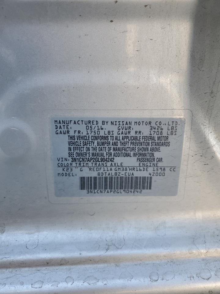 2016 Nissan Versa VIN 3N1CN7AP2GL904242 Copart auction photo, front end damage thumbnail 15