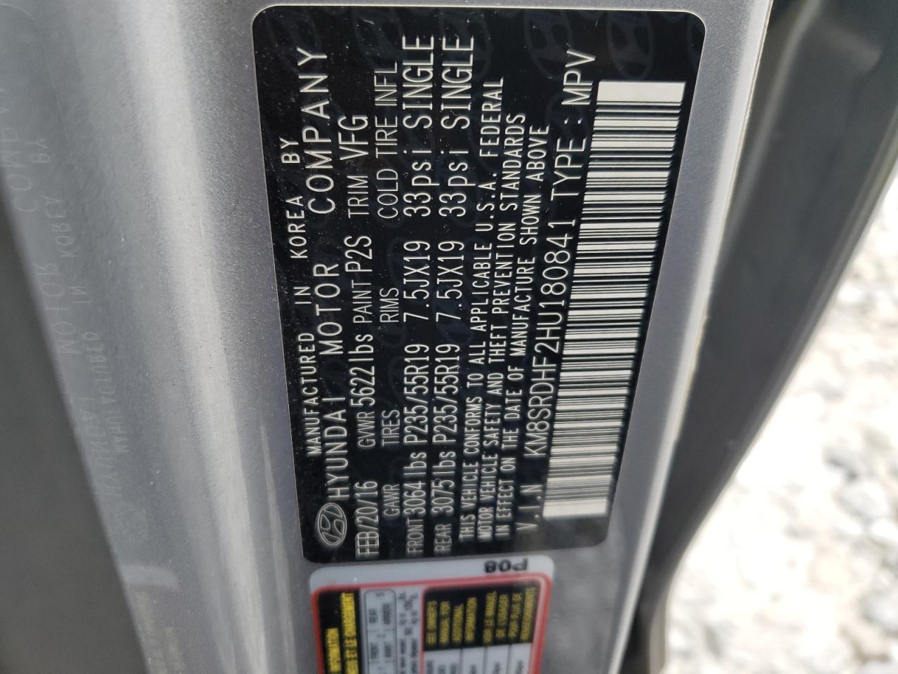 2017 Hyundai Santa Fe VIN KM8SRDHF2HU180841 Copart auction photo, side damage thumbnail 15